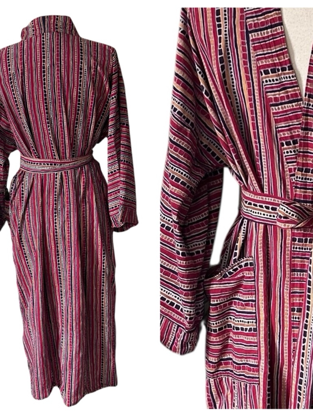 Vintage Batik Tribal Print Cotton Light weight Bath Robe with Belt - One Size - Picture 2 of 9